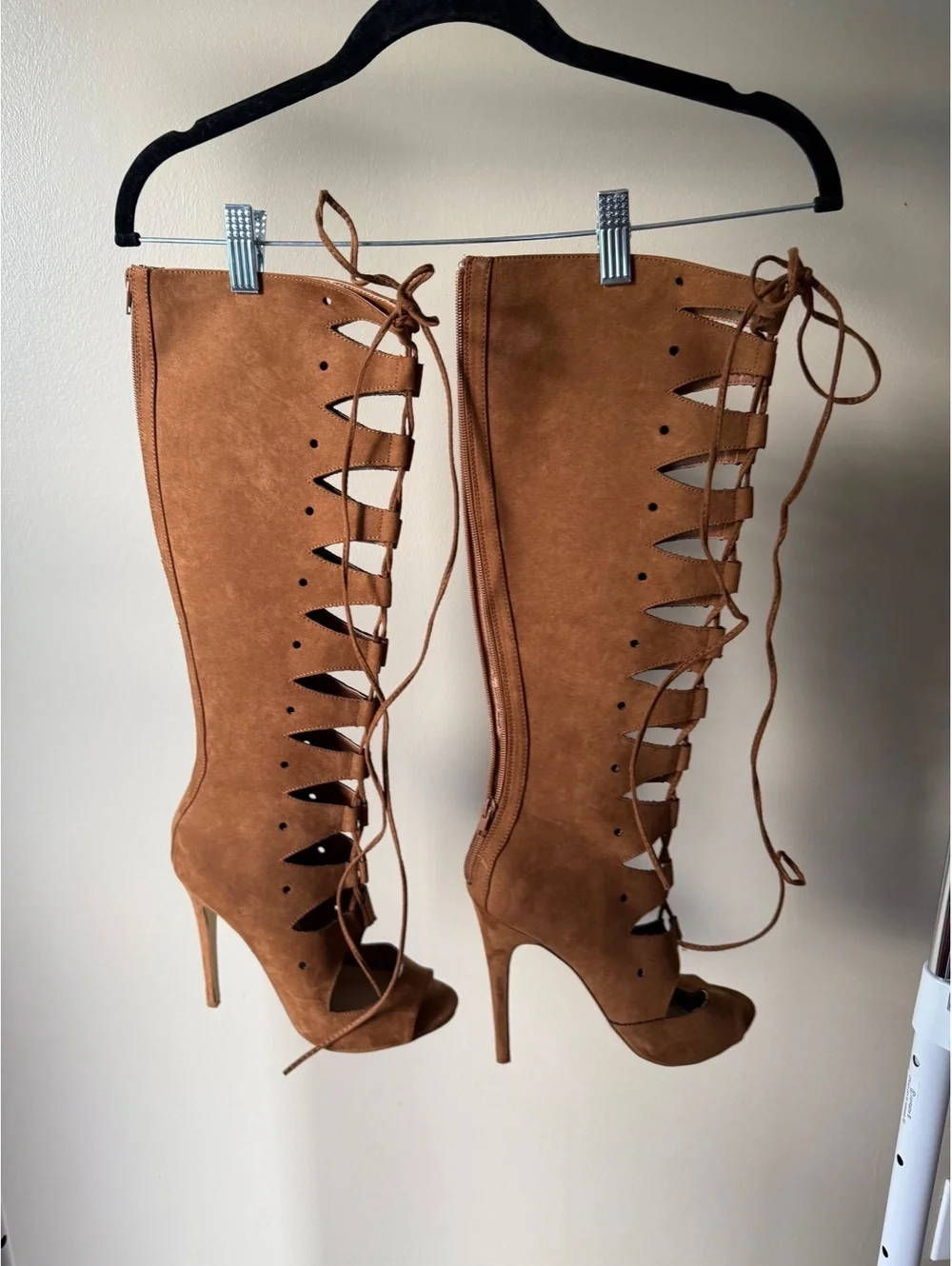 Brown Suede Lace-Up Peep Toe Knee-High Heeled Boots